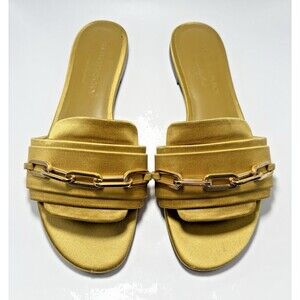 Burberry Slide Sandals Coleford Satin Mustard Yellow w/ Gold Chain Sz EU 37 7